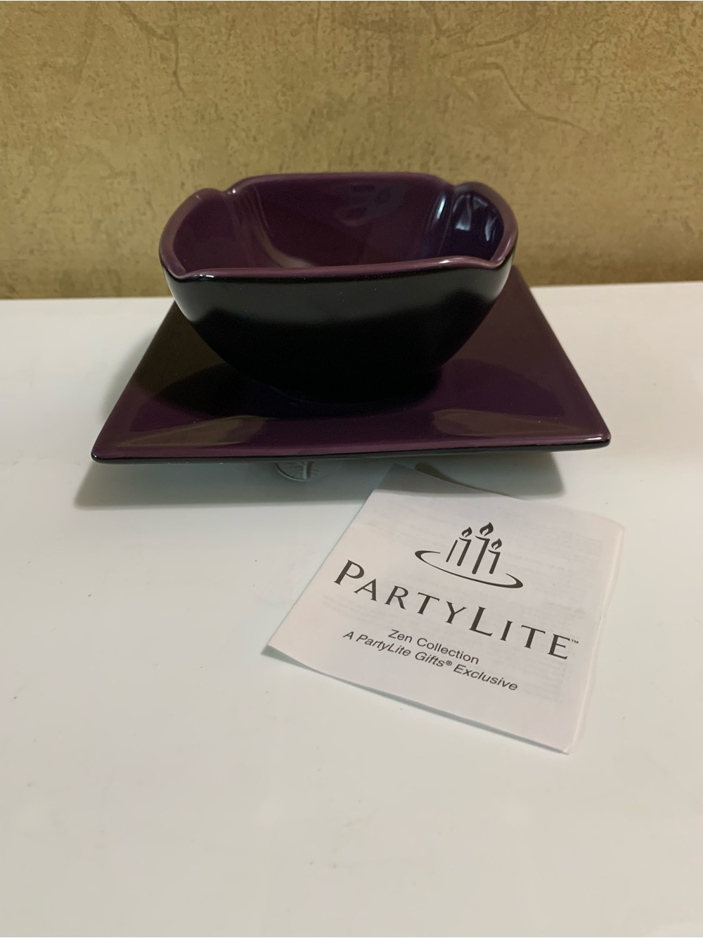PartyLite Purple Ceramic Bowl & Matching Plate Candle Holder P8082 NEW in Box